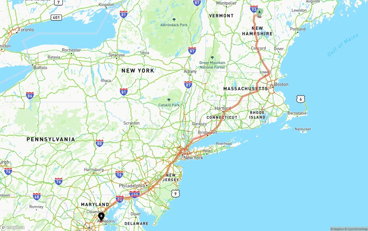 Shipping route from New Hampshire to Maryland