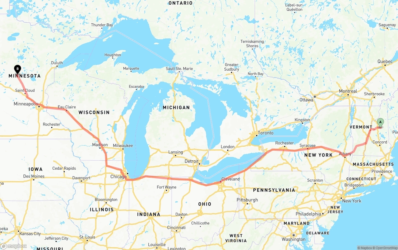 Shipping route from New Hampshire to Minnesota
