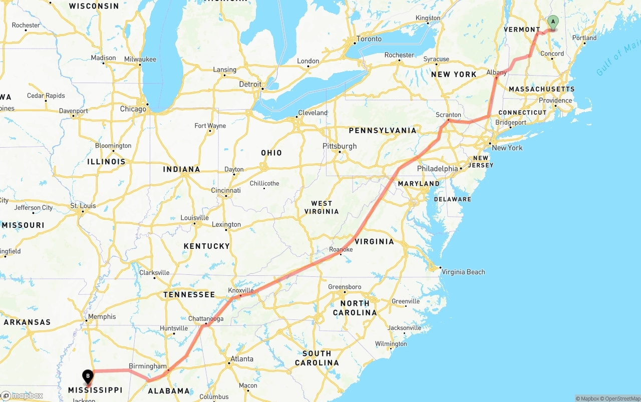 Shipping route from New Hampshire to Mississippi