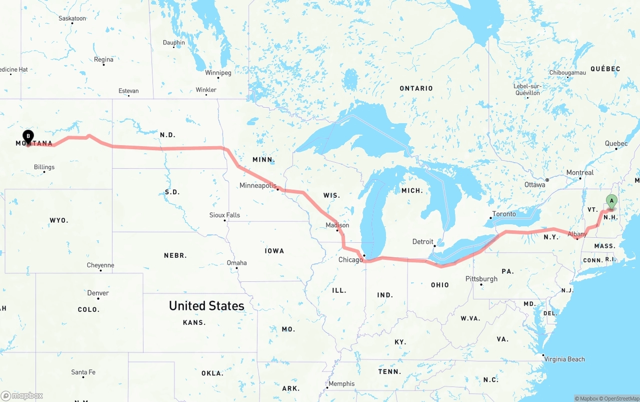 Shipping route from New Hampshire to Montana