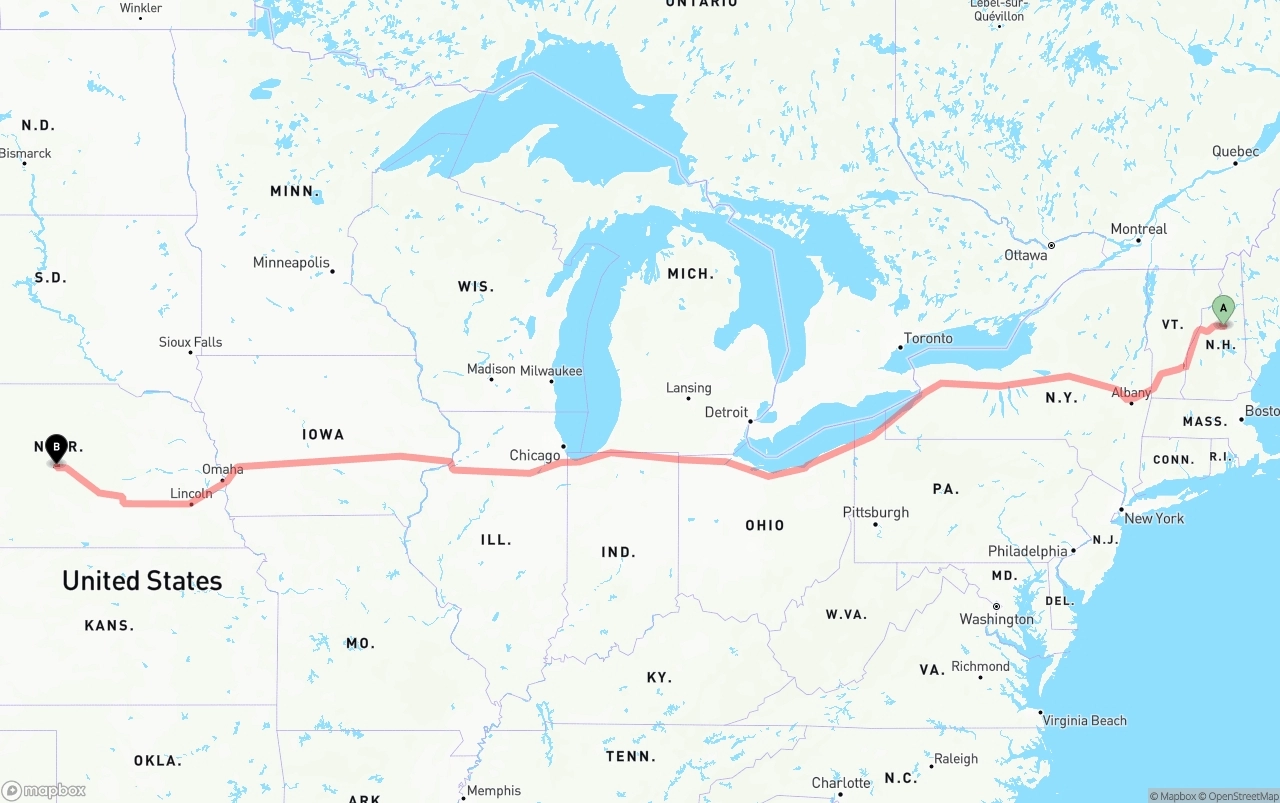 Shipping route from New Hampshire to Nebraska