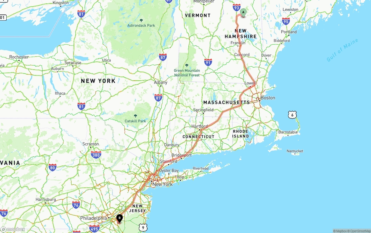 Shipping route from New Hampshire to New Jersey