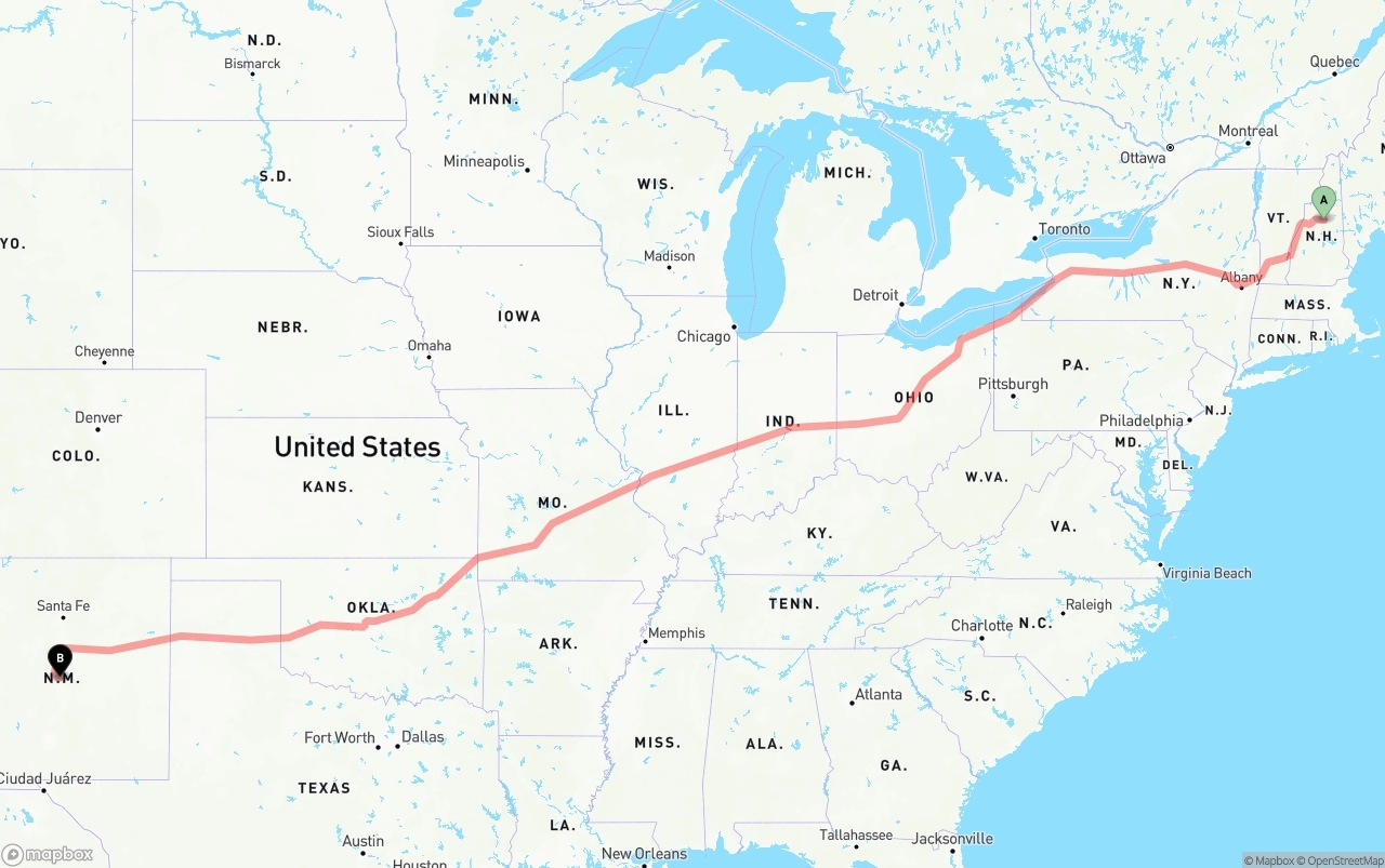 Shipping route from New Hampshire to New Mexico