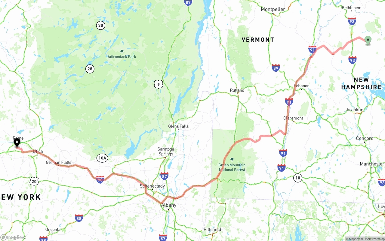 Shipping route from New Hampshire to New York