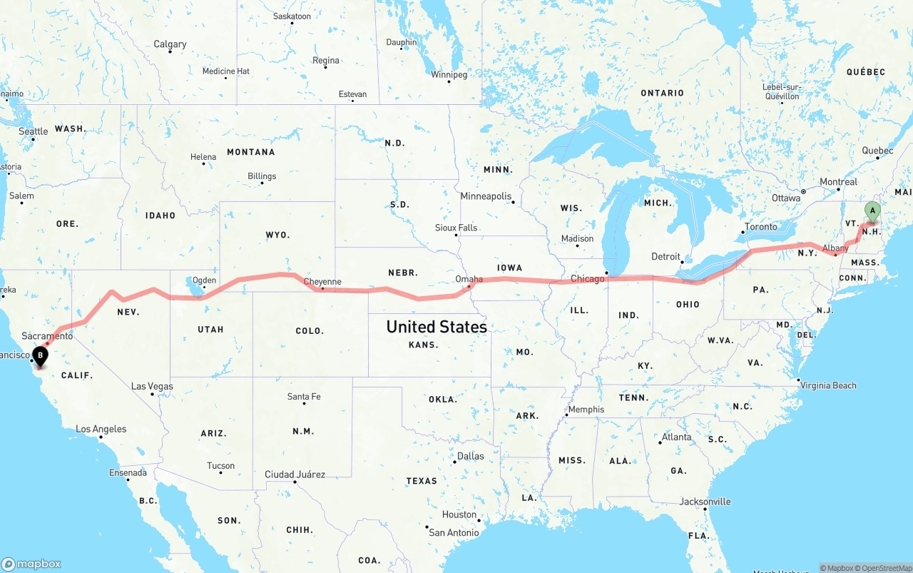 Shipping route from New Hampshire to Norman Y. Mineta San Jose International Airport