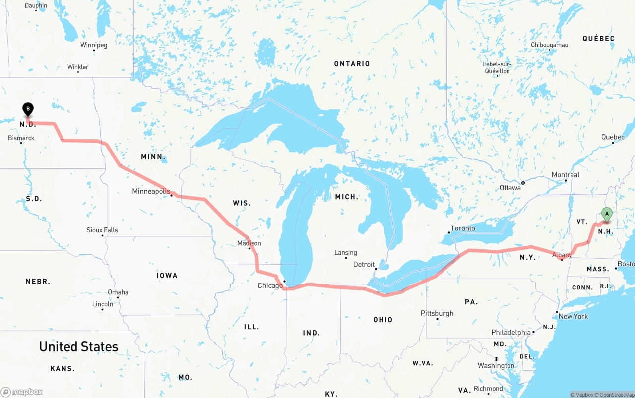 Shipping route from New Hampshire to North Dakota