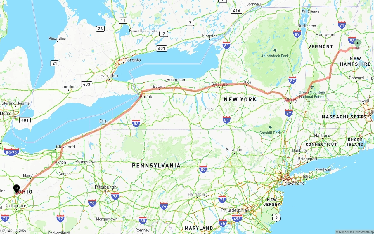 Shipping route from New Hampshire to Ohio