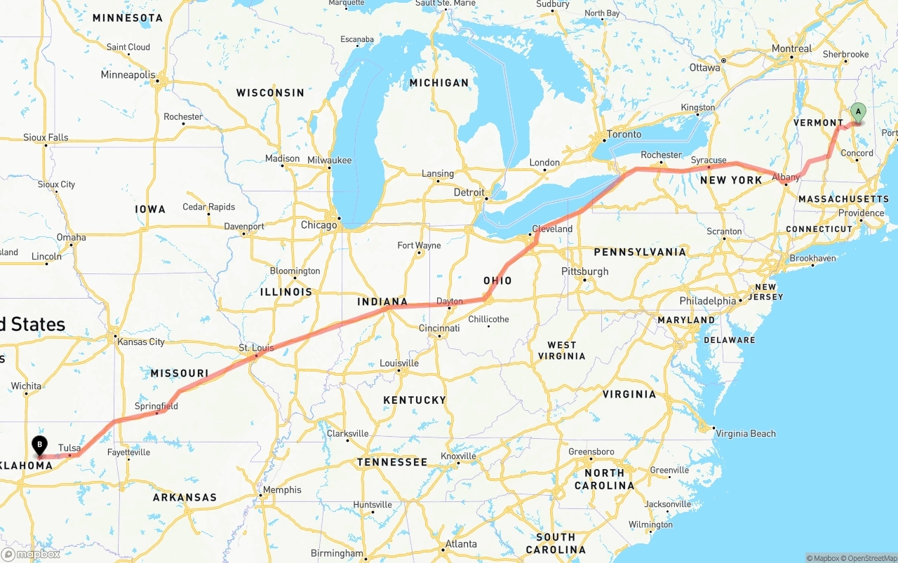 Shipping route from New Hampshire to Oklahoma