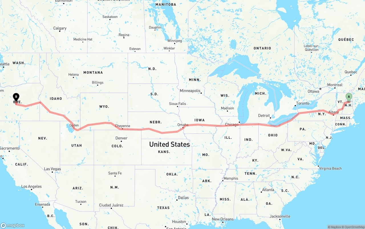 Shipping route from New Hampshire to Oregon
