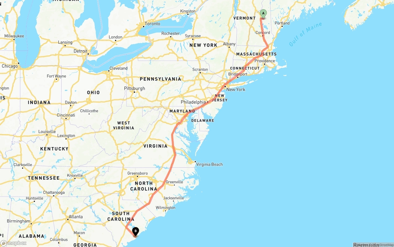 Shipping route from New Hampshire to Port of Charleston