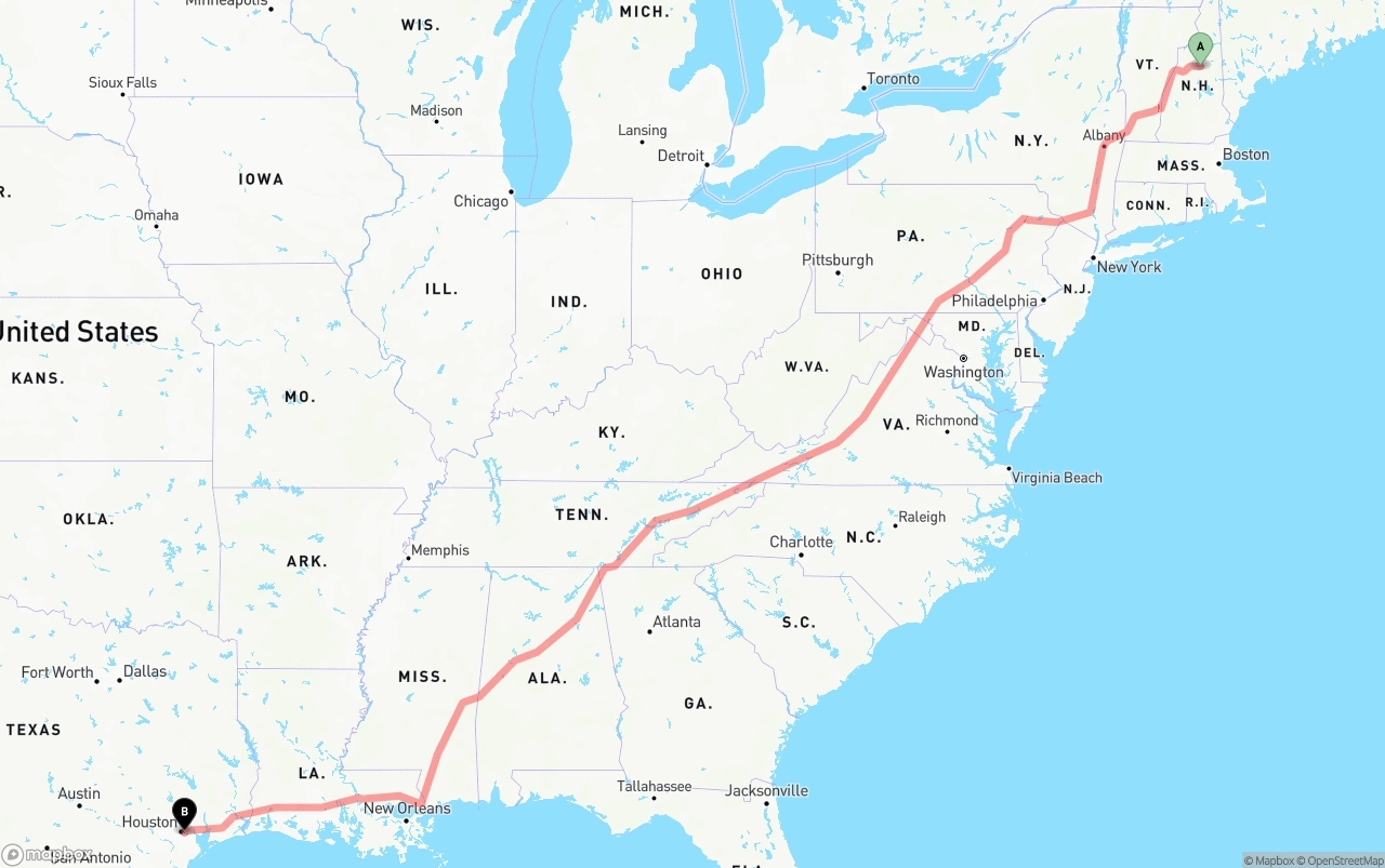 Shipping route from New Hampshire to Port of Houston