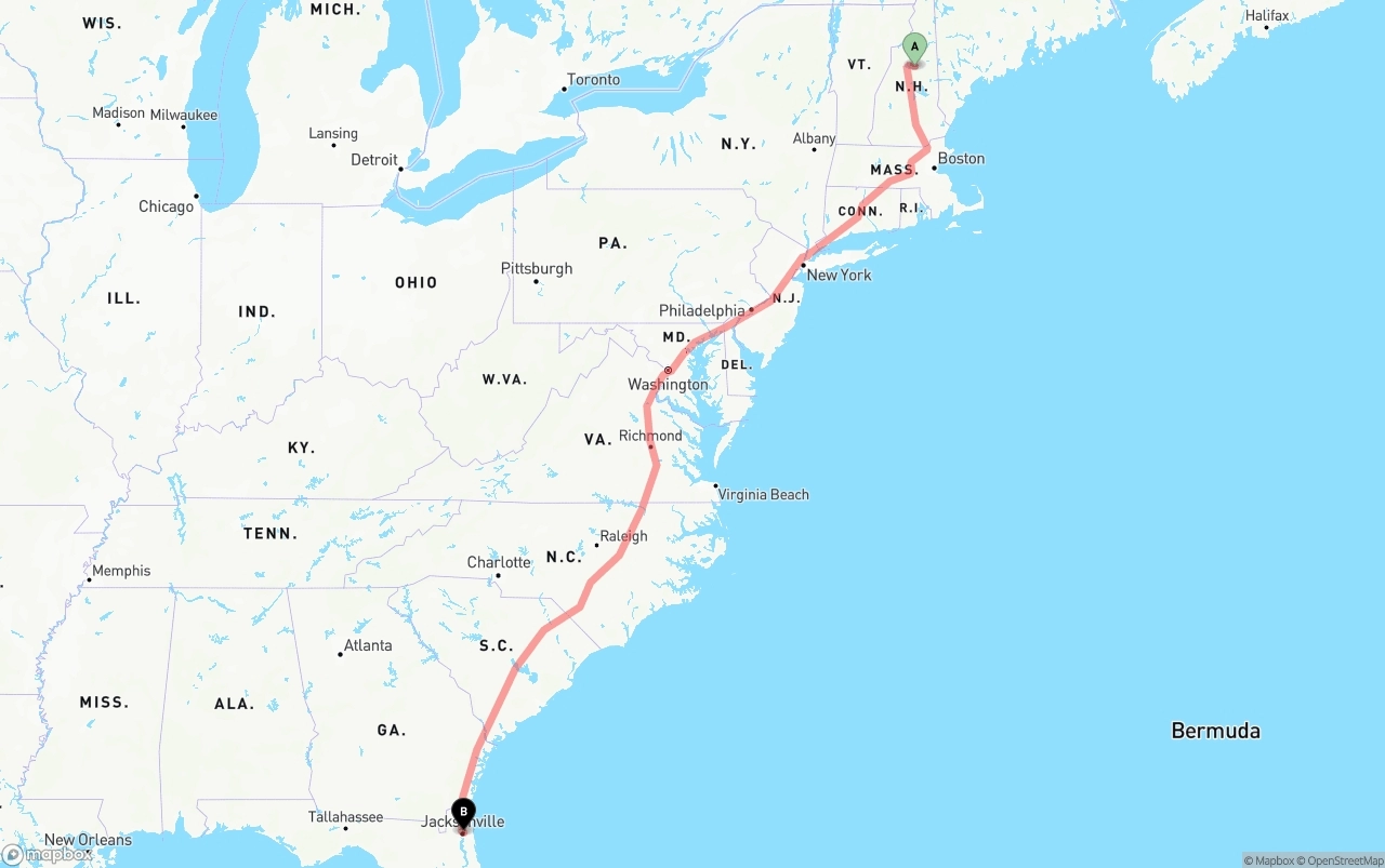 Shipping route from New Hampshire to Port of Jacksonville