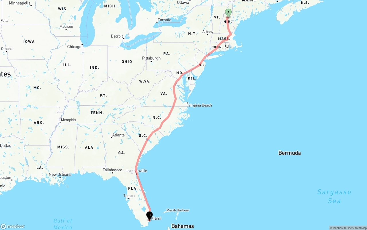 Shipping route from New Hampshire to Port of Miami
