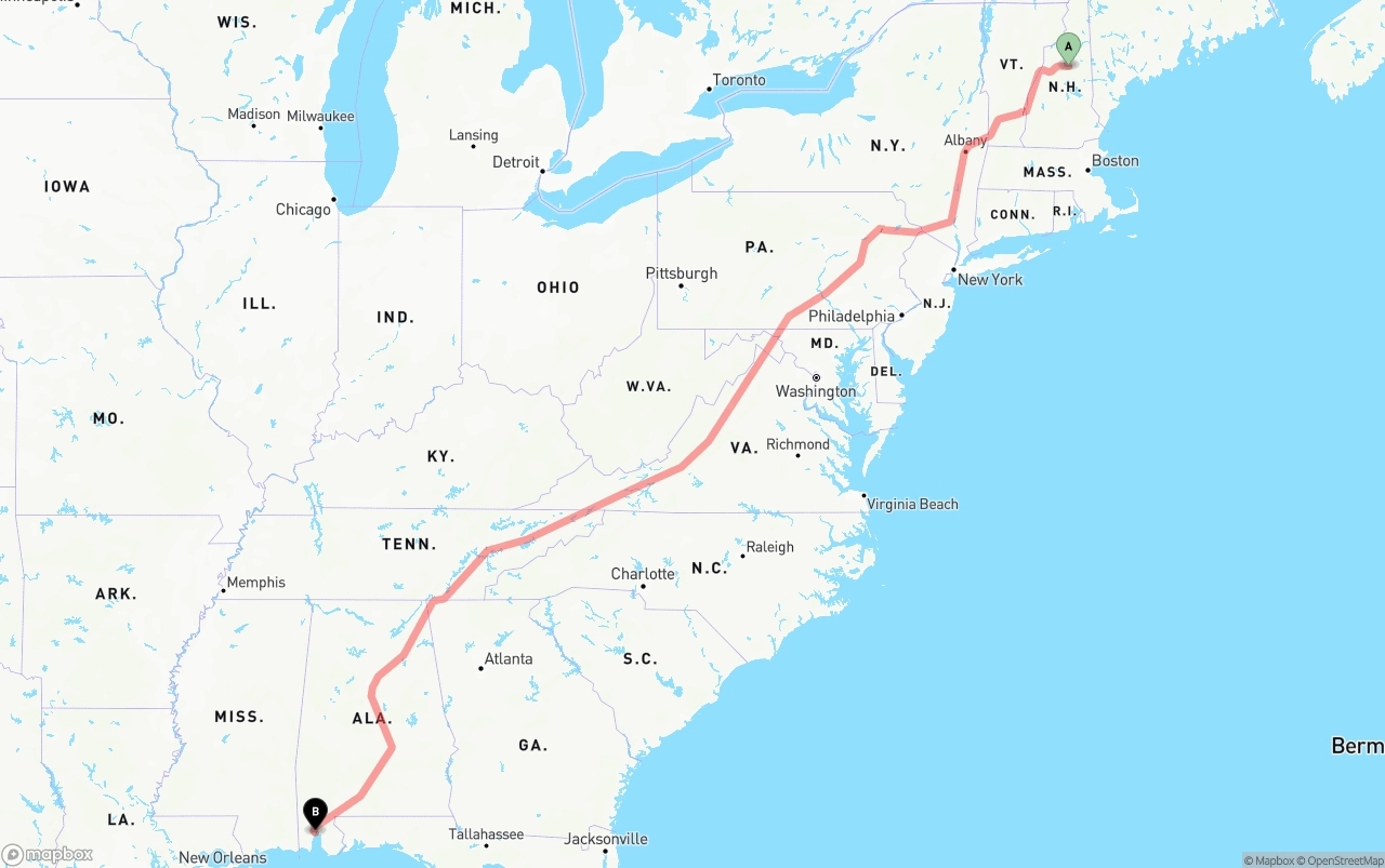 Shipping route from New Hampshire to Port of Mobile