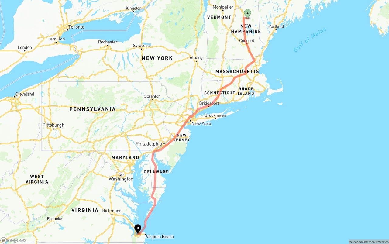 Shipping route from New Hampshire to Port of Norfolk