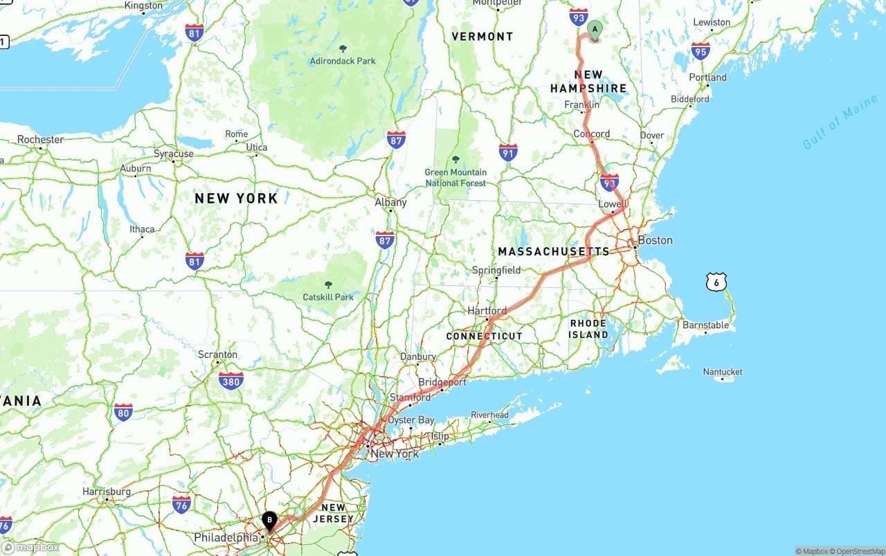 Shipping route from New Hampshire to Port of Philadelphia