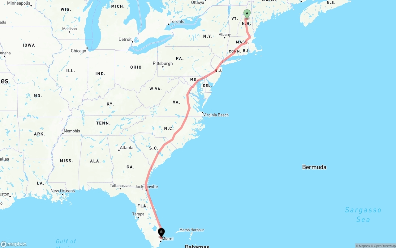 Shipping route from New Hampshire to Port of Port Everglades