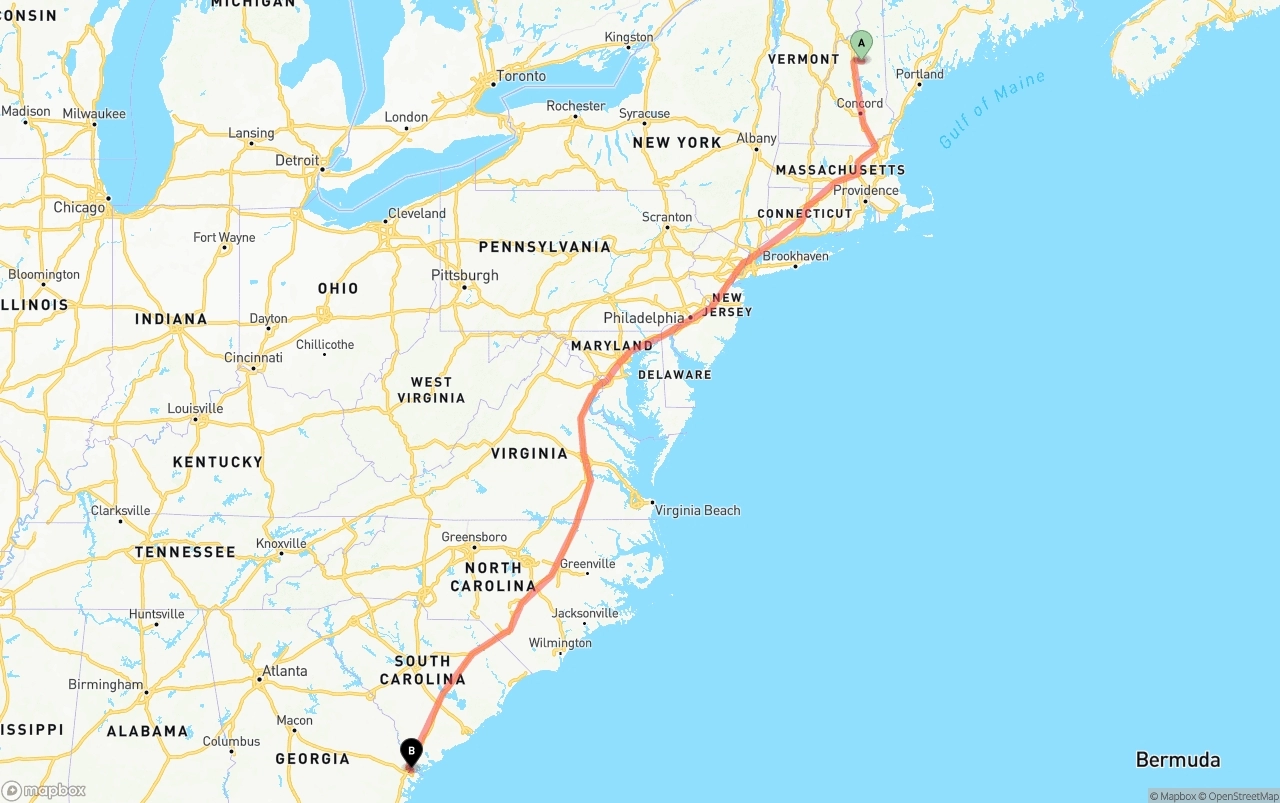 Shipping route from New Hampshire to Port of Savannah