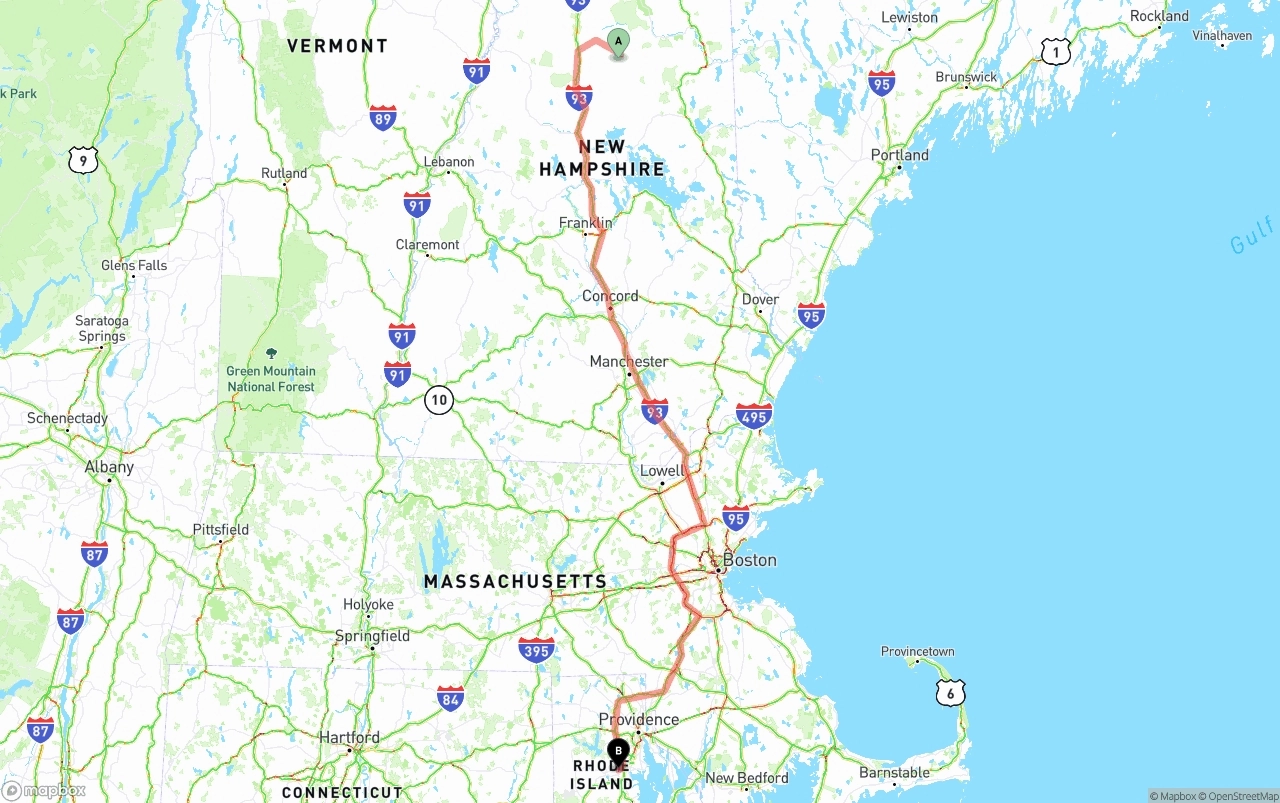 Shipping route from New Hampshire to Rhode Island