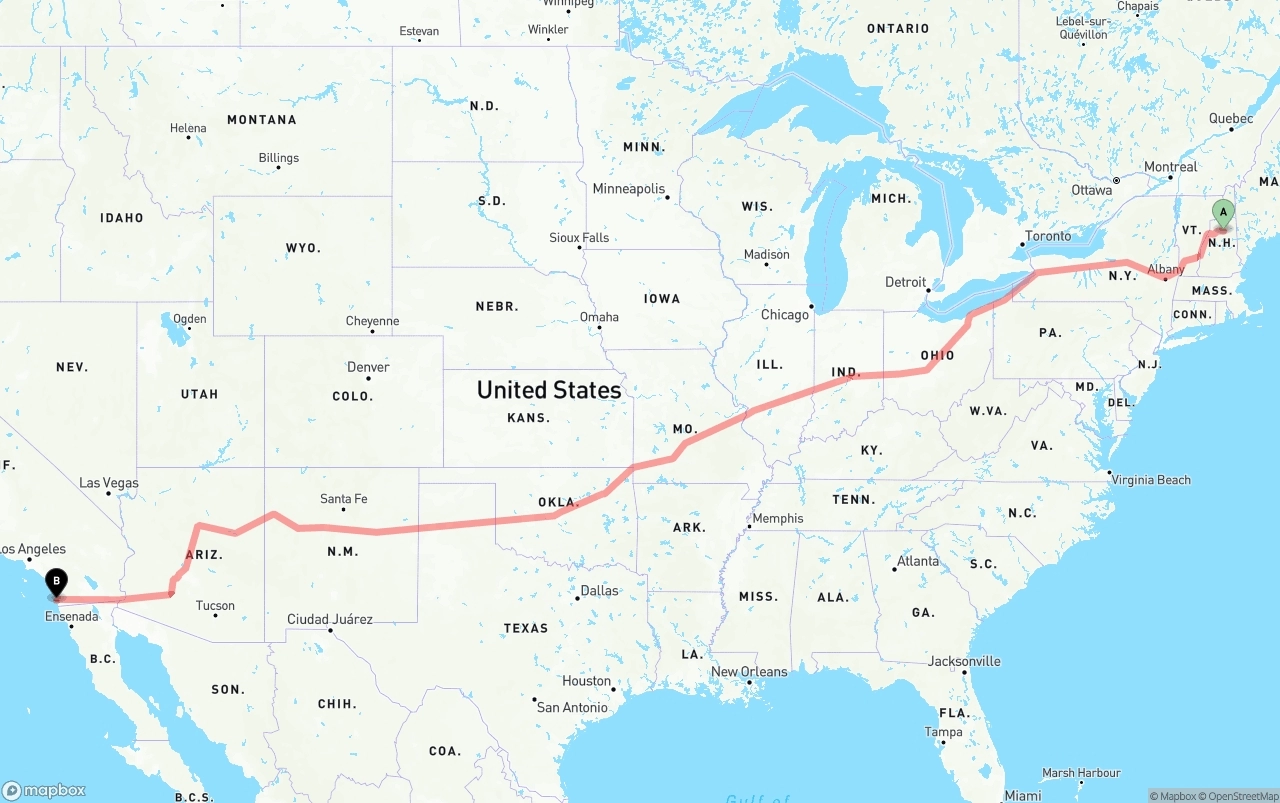 Shipping route from New Hampshire to San Diego International Airport