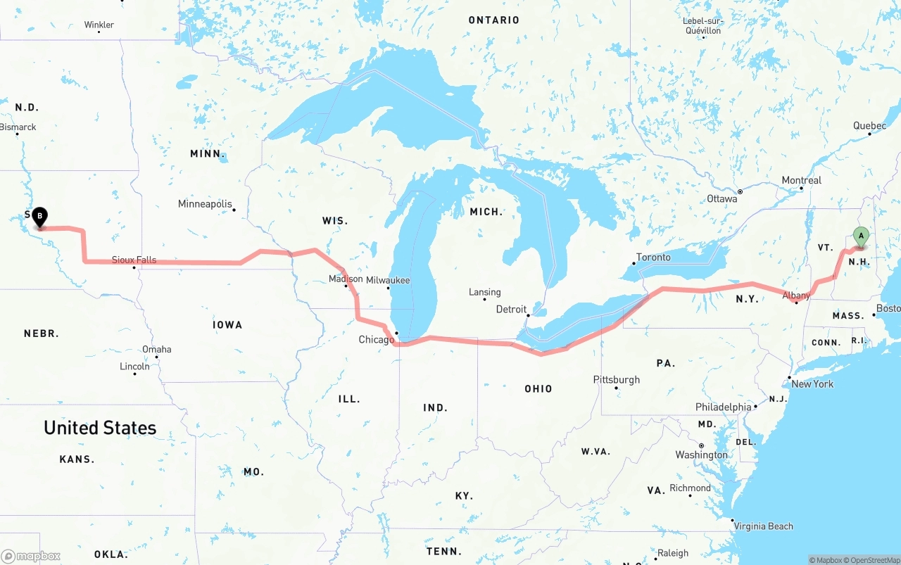 Shipping route from New Hampshire to South Dakota