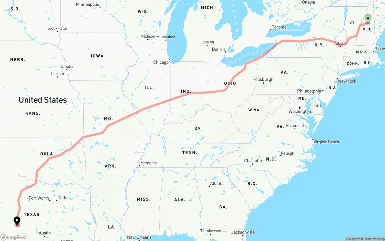 Shipping route from New Hampshire to Texas