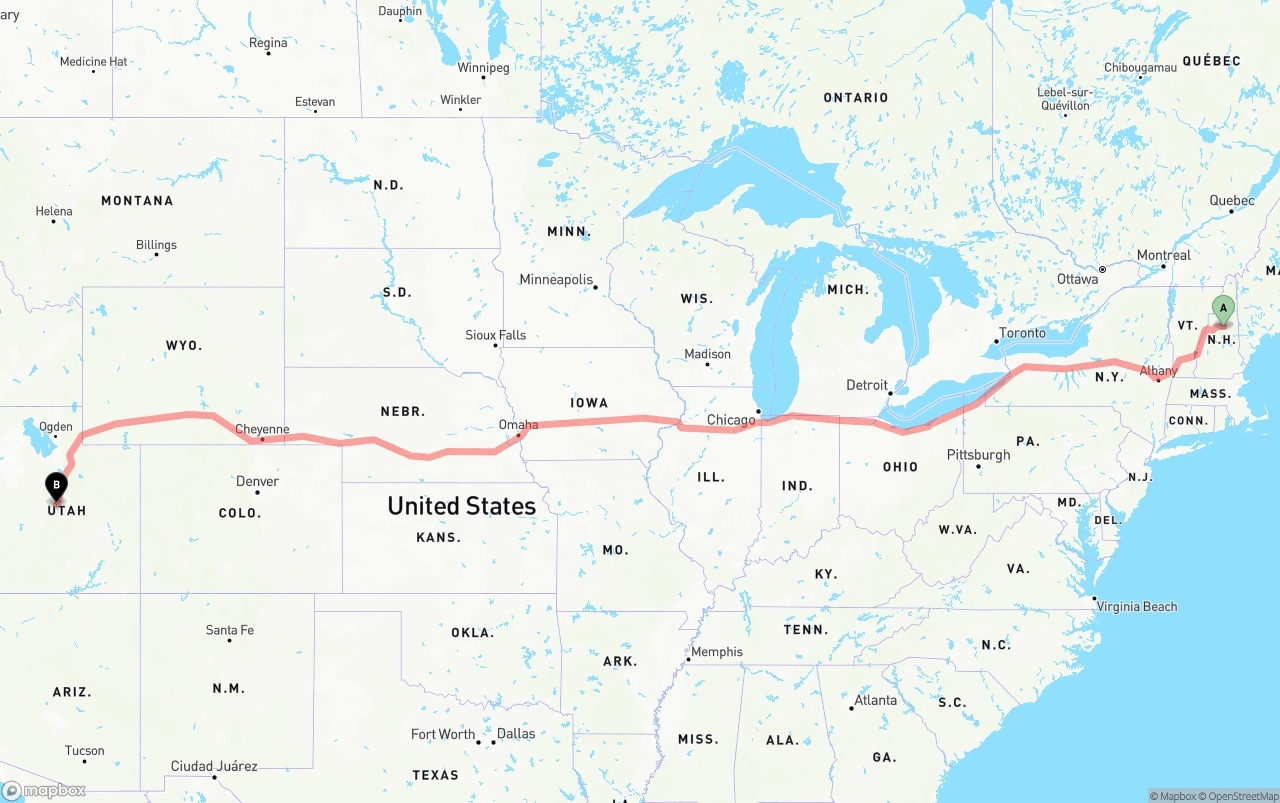 Shipping route from New Hampshire to Utah