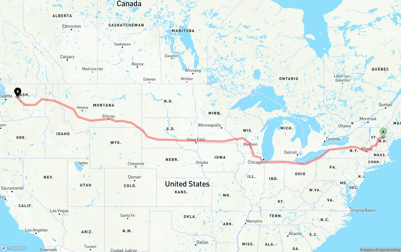 Shipping route from New Hampshire to Washington
