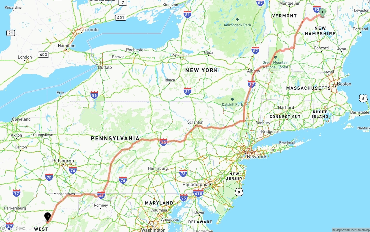 Shipping route from New Hampshire to West Virginia