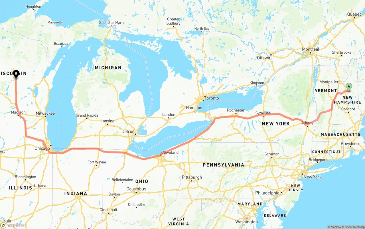 Shipping route from New Hampshire to Wisconsin