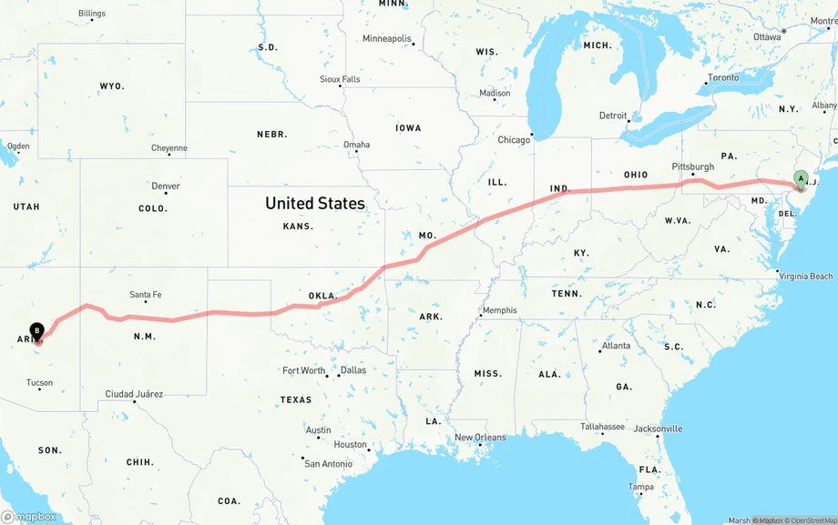 New Jersey to Arizona freight shipping route map