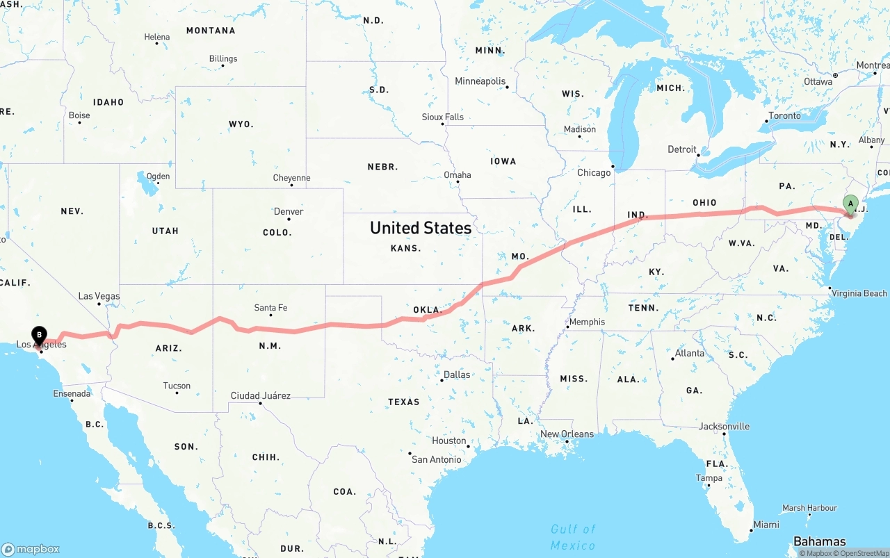 Shipping route from New Jersey to Bob Hope Airport