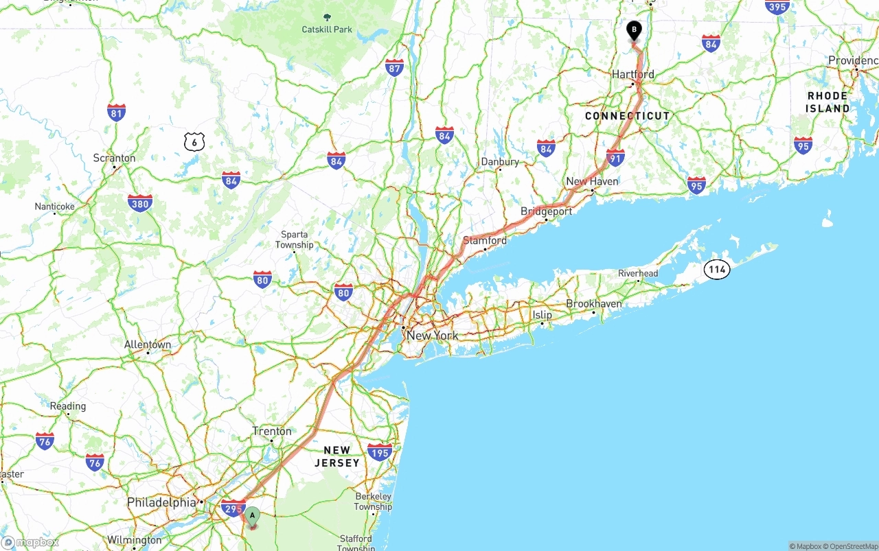 Shipping route from New Jersey to Bradley International Airport