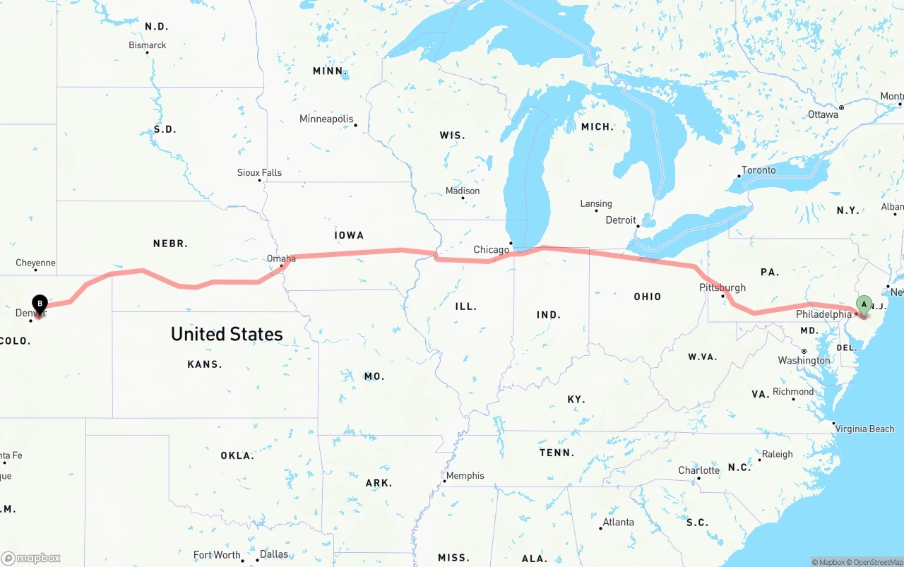 Shipping route from New Jersey to Denver International Airport