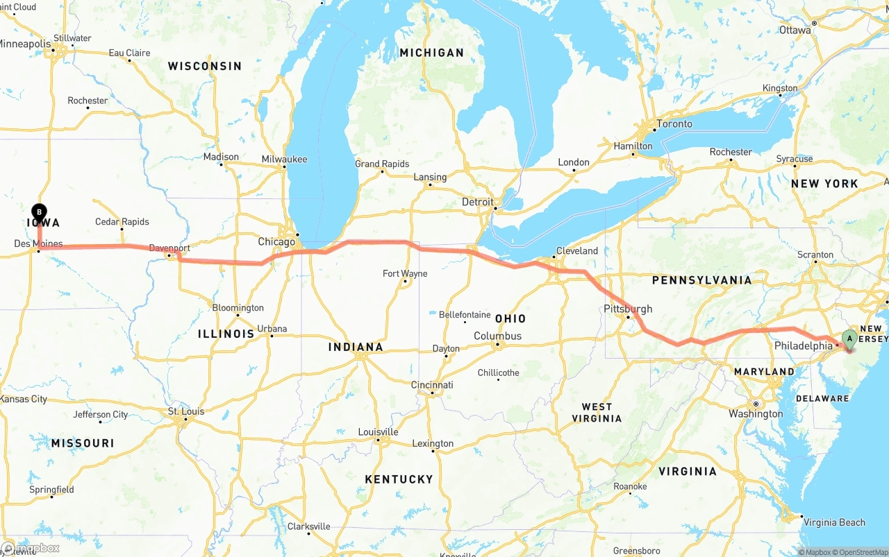 Shipping route from New Jersey to Iowa