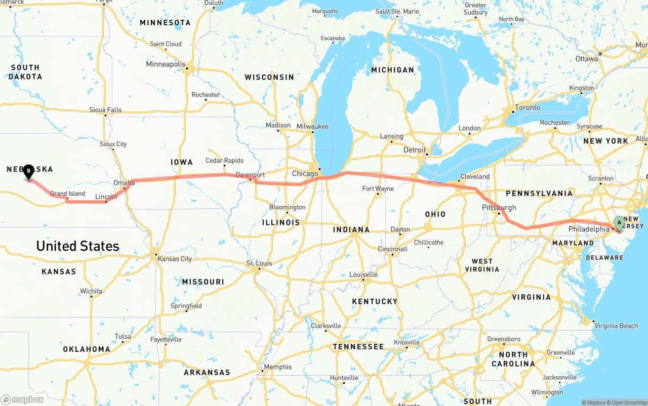 Shipping route from New Jersey to Nebraska