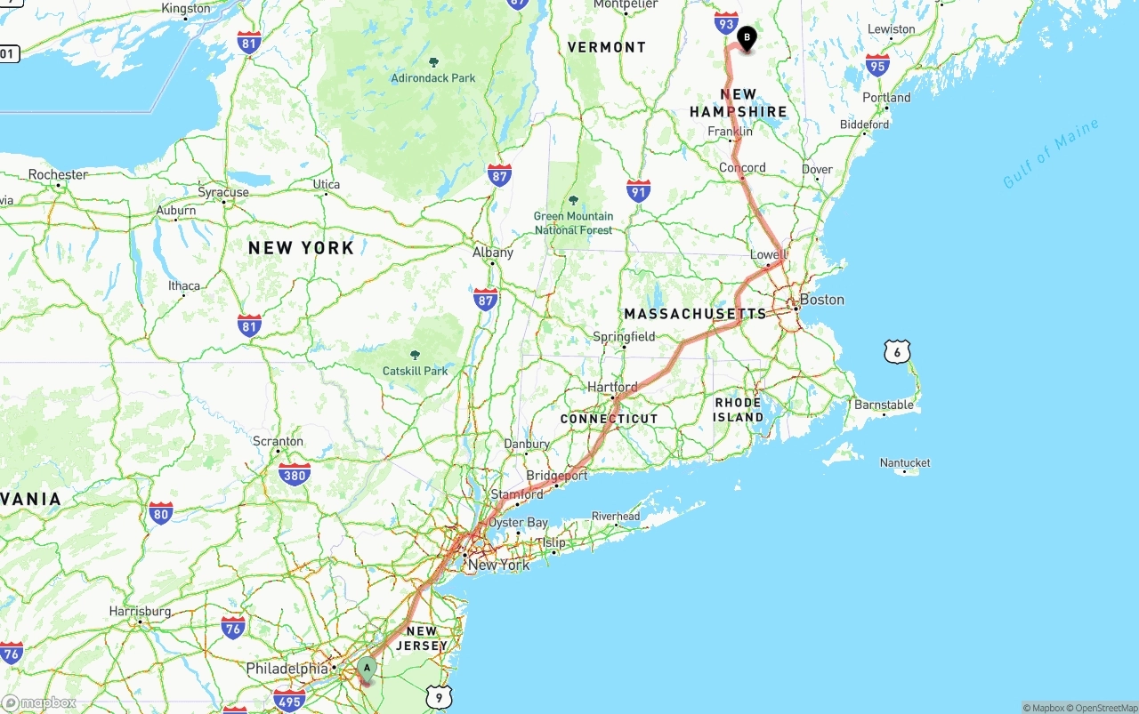 Shipping route from New Jersey to New Hampshire