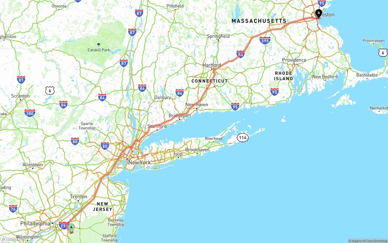 Shipping route from New Jersey to Port of Boston
