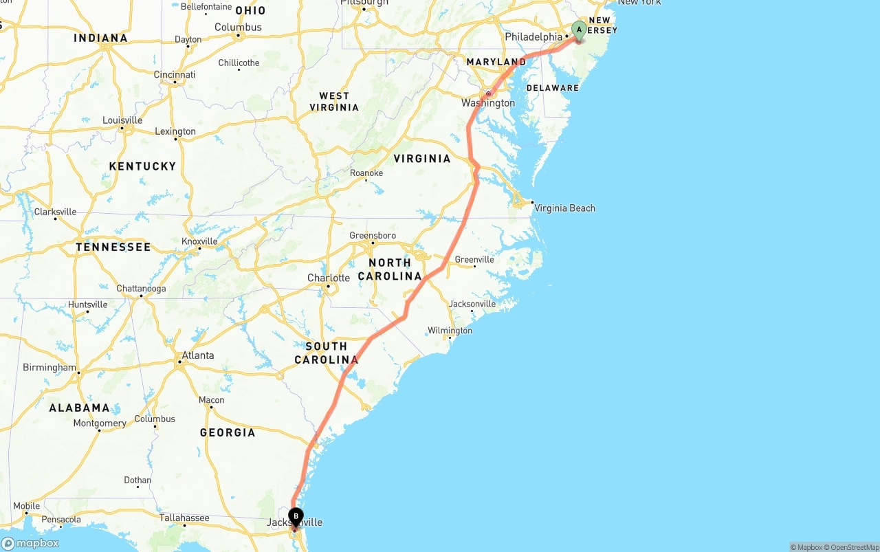 Shipping route from New Jersey to Port of Jacksonville