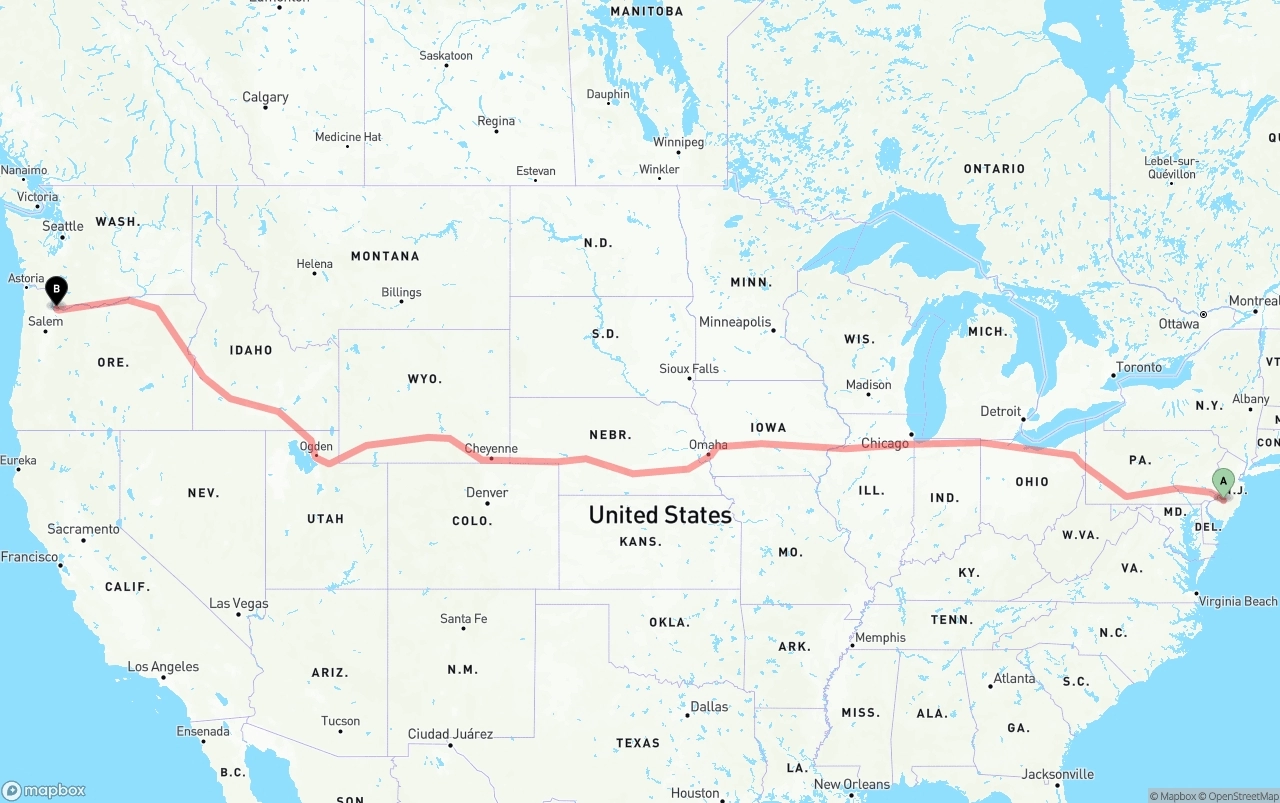Shipping route from New Jersey to Portland International Airport