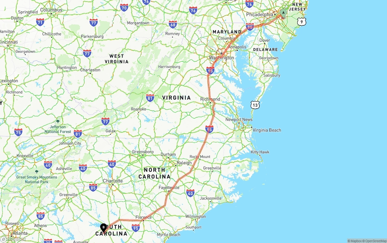 Shipping route from New Jersey to South Carolina