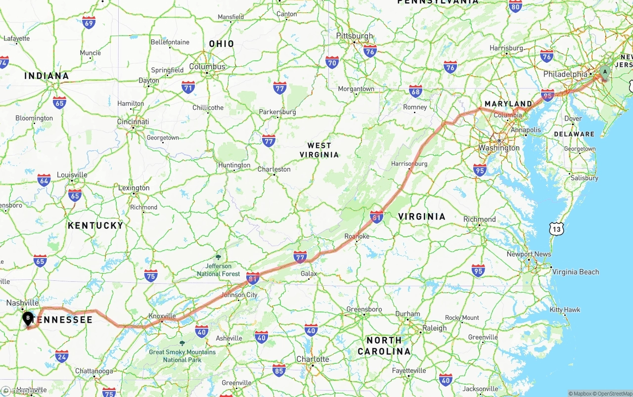 Shipping route from New Jersey to Tennessee