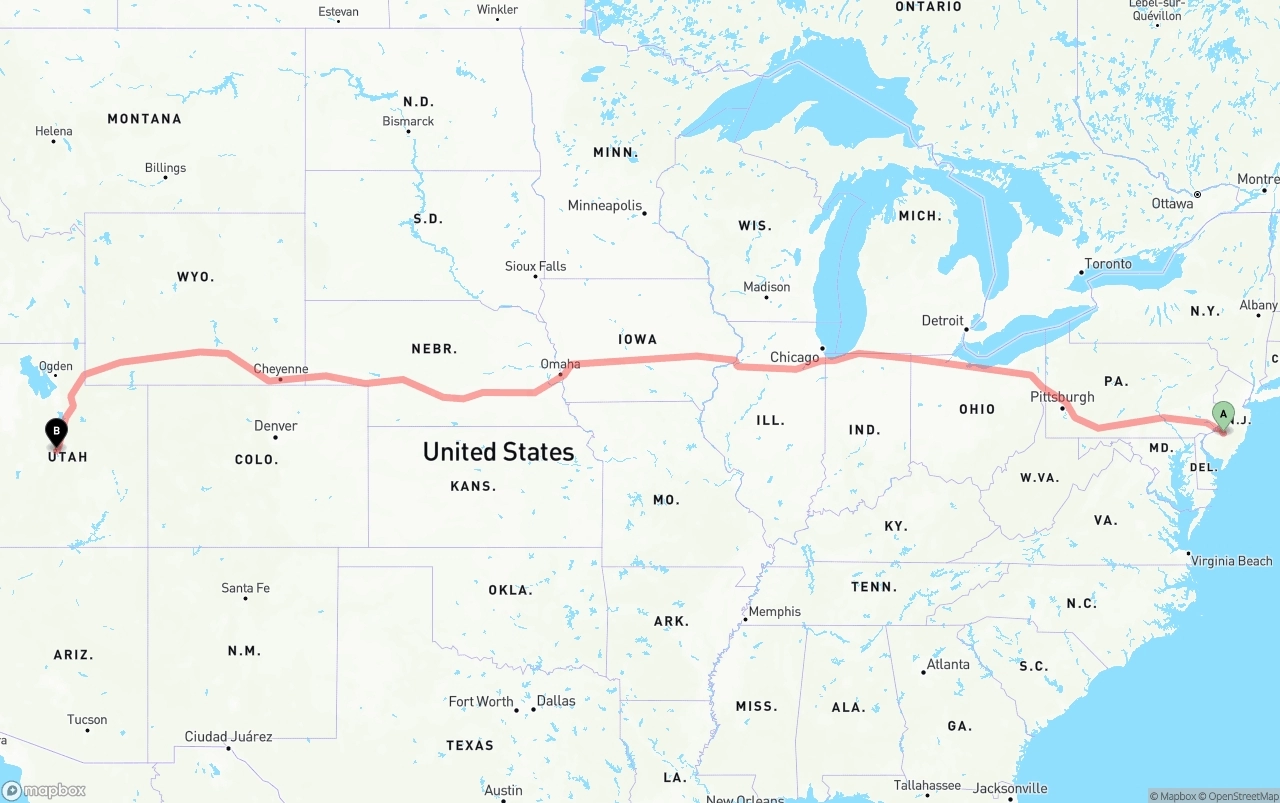 Shipping route from New Jersey to Utah