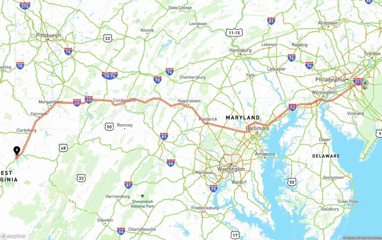 Shipping route from New Jersey to West Virginia