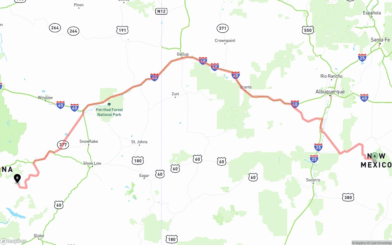 Shipping route from New Mexico to Arizona