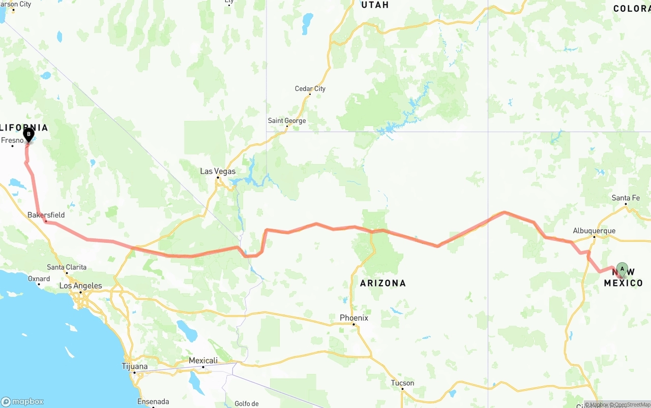 Shipping route from New Mexico to California