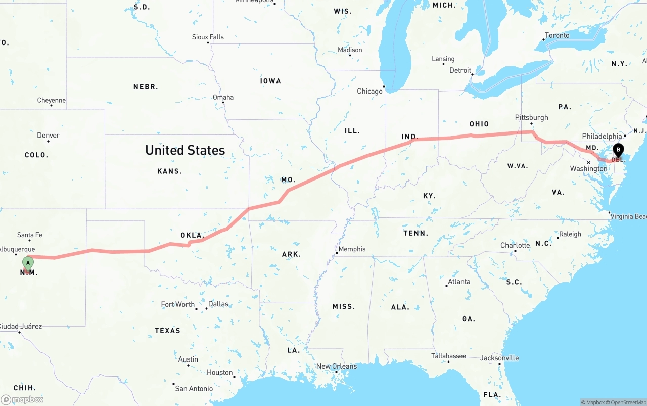 Shipping route from New Mexico to Delaware