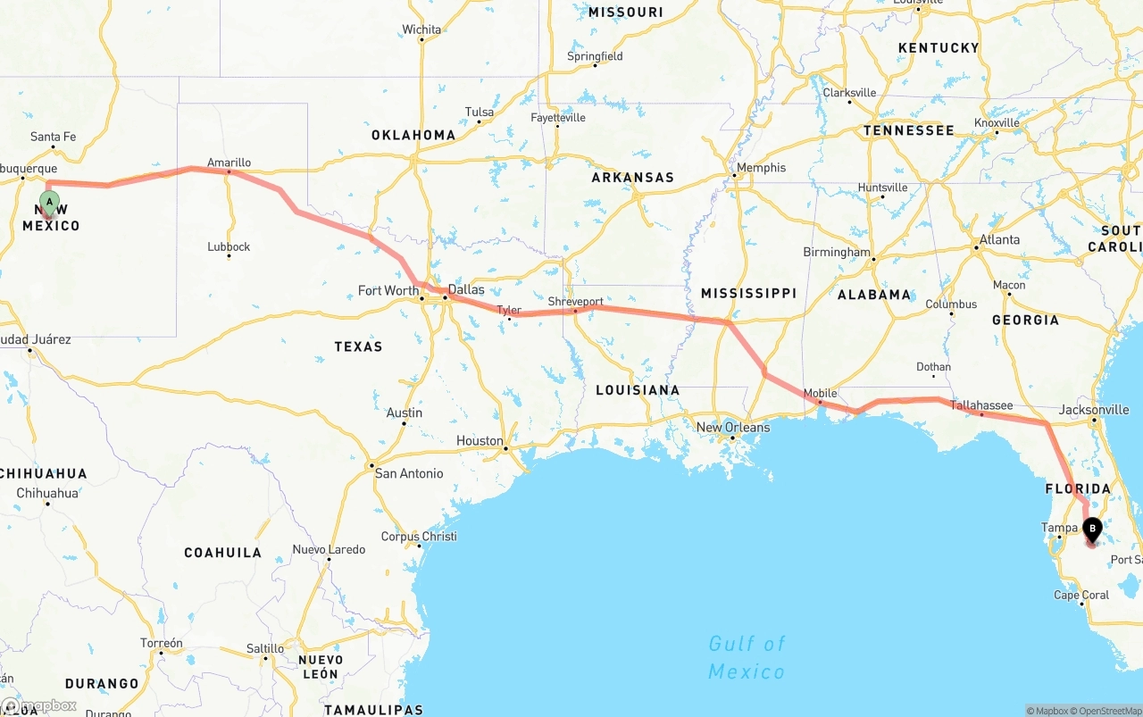 Shipping route from New Mexico to Florida