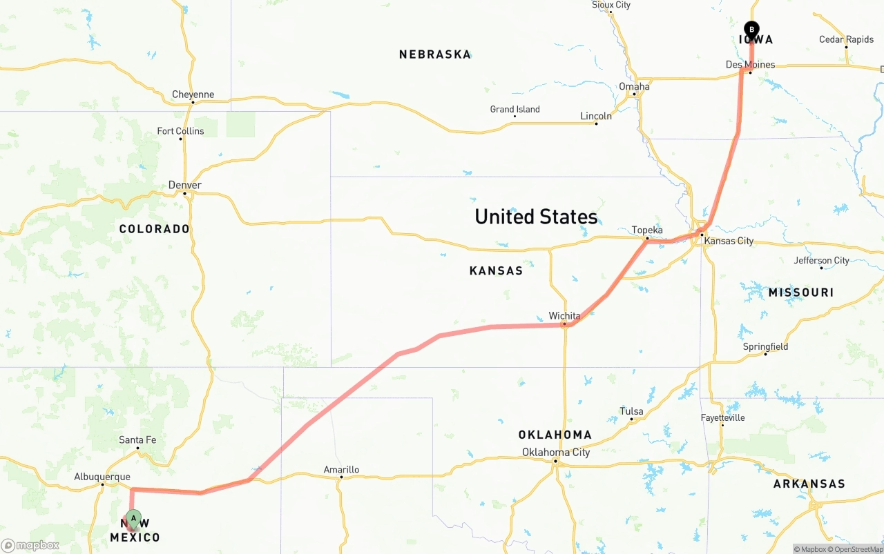 Shipping route from New Mexico to Iowa