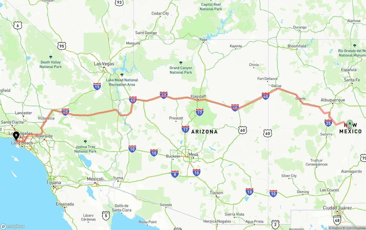 Shipping route from New Mexico to Los Angeles International Airport